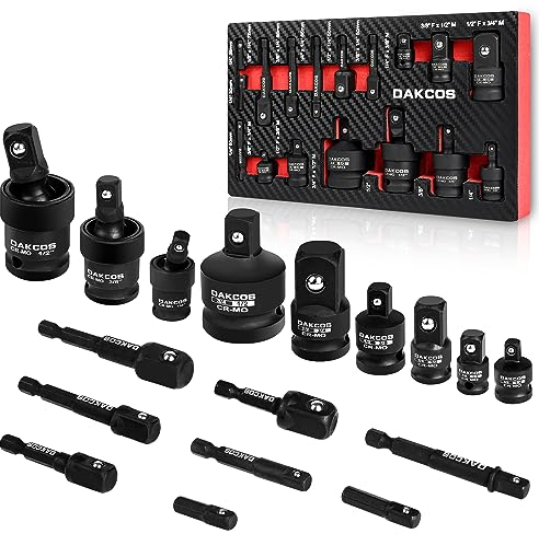 DAKCOS Kraft-Adapter-Satz Schlagschrauber Adapter Kraft-Kugelgelenk Kreuzgelenk-Gelenksatz mit Kugelfeder Stecknuss Adapter | 17-tlg. | 1/4, 3/8, 1/2, CR-MO