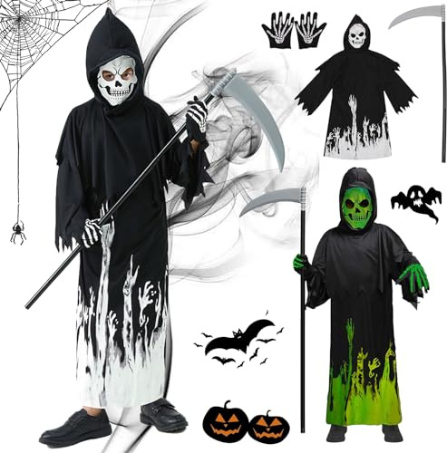 HIQE-FL Costume da Tristo Mietitore,Costume Morte Bambino,Vestito Halloween Tristo Mietitore Disponibilecon Guanti Falce,per Halloween Carnevale Cosplay Vestire