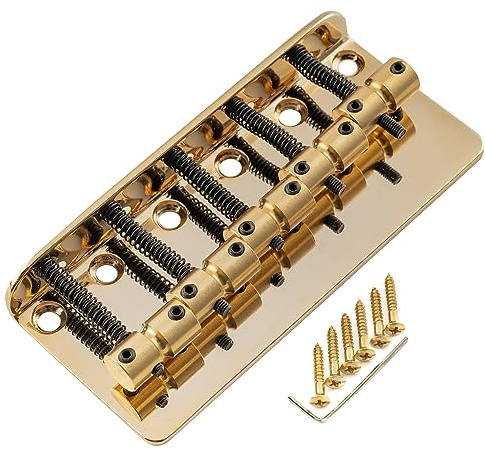 Musiclily Pro 18mm String Spacing Classic Standard Top-loading 5-String Bass Bridge with Brass Saddle Steel Plate, Gold