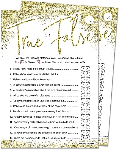 Olivia Samuel True or False Baby Shower Game for up to 30 Players from Gold Sparkle Design with Winner Certificate – Unisex – Made in the UK