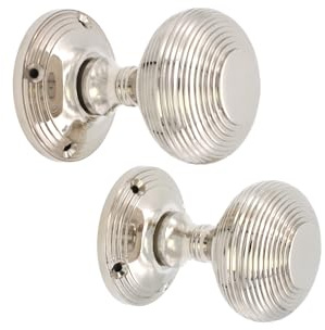 Infinity Decor Polished Nickel Victorian Reeded Beehive Mortice Round Door Knobs Set 55mm - Solid Brass Pull Handles Pair for Interior & Exterior Use