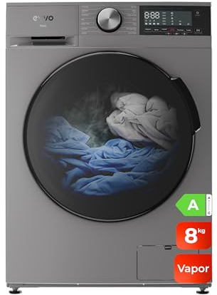 EVVO Lavadora 8kg, Vapor, Bajo consumo, Clase A, Motor Inverter, Hygiene Pro, Lavado Rápido 15', Tambor ePROTECT, SMART LOAD, 1400 rpm, 13 programas, Carga frontal, Nova (8Kg, Inox)