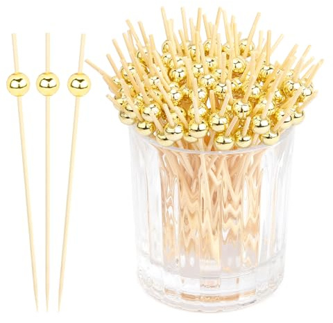 120pcs Cocktailspieße Spieße Fingerfood Zahnstocher Holz Für Vorspeisenteller Cocktail Picks Holz Zahnstocher Mit Goldene Perlen 4.7inch Spiesse Für Snacks Fingerfood Fruchtzahnstocher Cocktail Deko