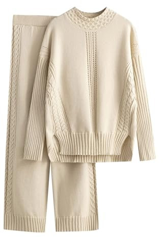 Kswlwccpp Loungewear Damen Set, Winter Strick Langarm Kuschelig Hausanzug Strickanzug Weites Bein Zweiteiler Herbst Warm Lounge Set Strickset Elegant Outdoor Homewear Jogginganzug
