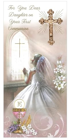Daughter First Holy Communion Religious Celebration Card with Cross Crucifix and gold stamped for her Commitment to Jesus