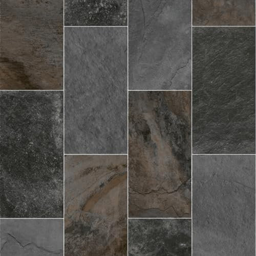 VINYL FLOORING UK Brown & Grey Stone Effect Anti-Slip Vinyl Flooring For LivingRoom, Hallways, Kitchen, 2.3mm Thick Vinyl Sheet, Waterproof Lino Flooring-2m(6'6) X 3m(9'9)-6m²