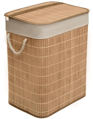 MantraRaj Bamboo Foldable Laundry Basket With Lid 65L Square Hamper Basket with Removable Liner Divided Storage Organizer Washing Baskets for Laundry Bathroom Laundry Bin Storage Box (Brown)