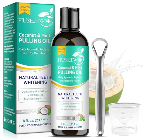 Coconut Oil Pulling, Mint Oil Pulling Mouthwash with Tongue Scraper, Fresh Breath & Whitening Mouthwash, Essential Oils for Fresh Breath, Teeth & Gums,8 oz
