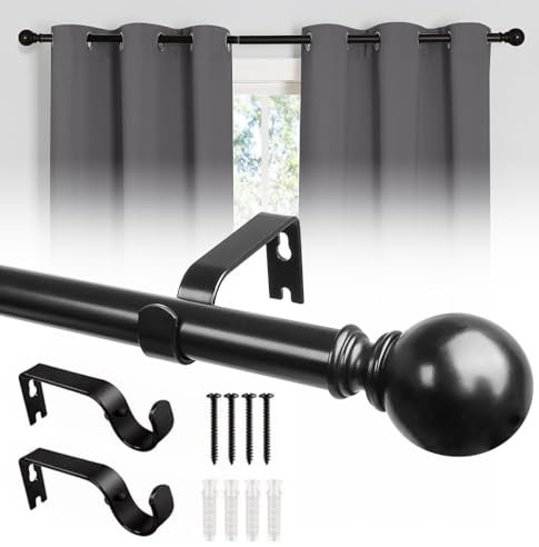 KINGSOW Black Extendable Curtain Poles: 120-210cm Adjustable Poles Single Curtain Rod for Medium Window for Bedrooms