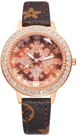 JewelryWe Uhren Damen Leder Diamant: Glitzer Strass Analog Quarz Armbanduhr Frauen Mädchen Leder Armband Uhr mit Regenbogen Bunten großen Arabischen Zahlen Zifferblatt