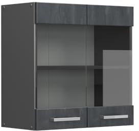 Vicco Küchenglasschrank R-Line, Schwarz Beton, 60 cm | 2 Türen · 1 Einlegeboden · Tiefe – 31 cm · ✓ Frei kombinierbar · ✓ Alles im Blick
