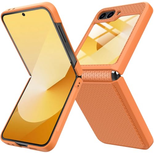 Miimall for Samsung Galaxy Z Flip 7 FE/Z Flip 6 Case, [Built-in Glass Screen Protector] [Sliding Hinge Protection] PC Ultra-Thin Shockproof Non-Slip Full Protective Cover Case for Z Flip6-Orange