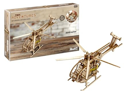 Revell Tiny Adventures Helicopter I Hochdetailliertes Design mit komplexem Armaturenbrett I Detaillierter Motor Realistische Bedienelemente I Interaktiver Startschlüssel für Bewegung I Modell aus Holz