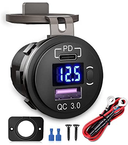 Tagtight Cargador de Coche Doble USB de Coche Carga Rápida QC 3.0 & PD Adaptador de Enchufe de Cargador con Voltímetro LED e Interruptor, Enchufe de Coche para Camiones RV Moto Golf