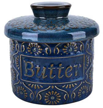Denovin Mantequillera francesa de cerámica con tapa para encimera, recipiente para mantequilla con línea de agua para mantequilla fresca y untable (azul vintage)