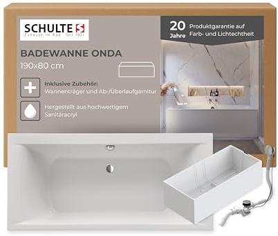 Schulte Badewanne Onda 190x80 cm, Acryl, Weiß glänzend | Komplettset mit Wannenträger und Ablaufgarnitur aus hochwertigem Acryl für eine abgestimmte Montage.