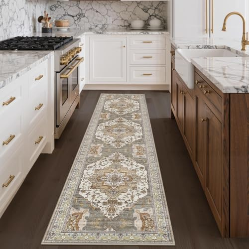 GENIMO Vintage Teppichläufer Ziegelrot, Waschbar, 80x300 cm | Ornamentales Vintage-Medaillon in Ziegelrot, waschbar, pflegeleicht und rutschhemmend – als Läufer für Flur und Küche.