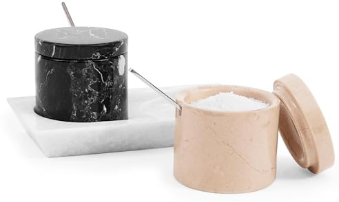 Radicaln marmor saltkällare med lock och bricka 7,6 cm Verona och svart handgjord kryddburk för köksbänk idealisk sten saltbehållare, saltfat med lock och salthållare för bänk