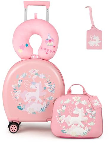 COSTWAY 4 teiliges Kinderkoffer + Rucksack, 10”+14” Kindertrolley mit Rollen, Kindergepäck mit Nackenkissen & Gepäckanhänger, Reisekoffer Set für Jungen & Mädchen (Rosa)