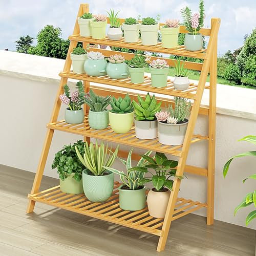 WZWTYSM Pflanzenständer aus Bambus, 4-stufiges, zusammenklappbares Pflanzenregal für Zuhause, Terrasse, Balkon, Garten, zusammenklappbarer Pflanzenhalter, Leiterregal für Blumentöpfe, natürlich, 70