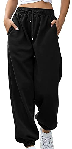 Pantaloni da donna in similpelle, neri, jogging, allenamento, a vita alta, con tasche, per attività all'aria aperta, Nero, L