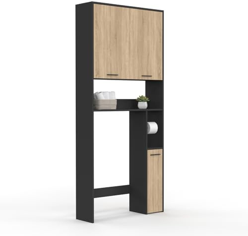 IDMarket - Meuble étagère Dessus WC Wallis Noir et Bois façon hêtre