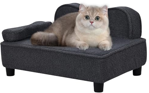 DGBAOBEI Pet sofa bed, puppy sofa with wood base, teddy velvet cat sofa, pet bed sponge backrest and removable pillows (Grey)