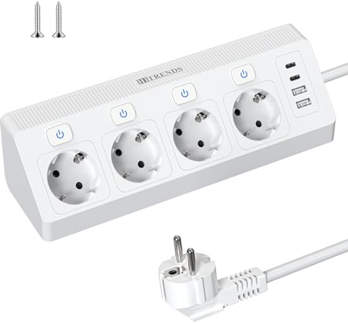 Tischsteckdose mit 2 USB C und 2 USB A, Steckdosenleiste, 4 Fach Ecksteckdose Einzeln Schaltbar Mehrfachsteckdose Überspannungsschutz 3680W 16A Mehrfachstecker Wandmontage mit 2M Kabel für Smartphones