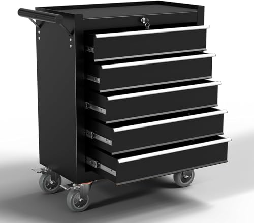 OAKANDO 5-Drawer Metal Rolling Tool Chest with Wheels,Tool Storage Cabinet with Locking System，Toolbox with Wheels for Garage, Warehouse, Workshop, Repair Shop (Black, 5Drawer)