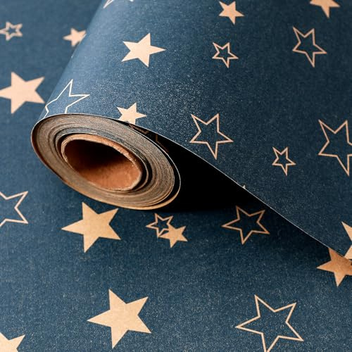 Geschenkpapier Rolle 43cm x 15m Blauer Stern Kraft Geschenkpapier Recyclebar für Weihnachten, Geburtstage, Halloween Hochzeiten und Partydekoration