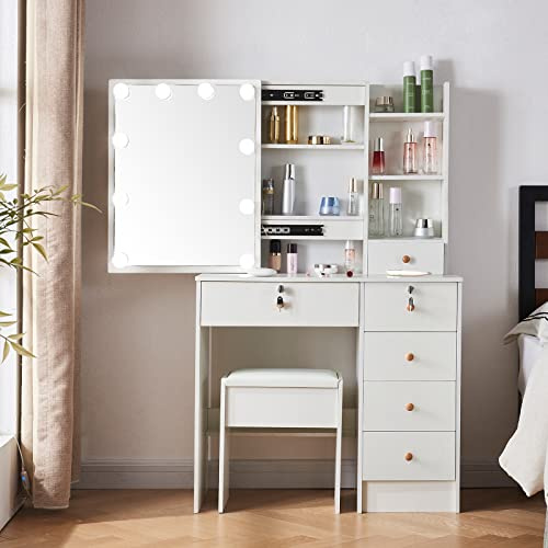 LIANWANG Schminktisch mit Spiegel mit LED-Licht, 3 Farbtemperaturen, 3 Modi, Schminktisch mit Hocker, 6 Schubladen und 4 Fächern, Weiß, 131 x 36 x 80 cm