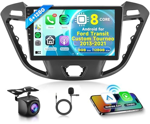 6G 128G Android Car Stereo for Ford Transit Custom Tourneo 2013-2021 | Wireless Carplay Android Auto, 9 Inch Touch Screen Car Radio with GPS Navigation Bluetooth FM RDS WiFi Backup Camera