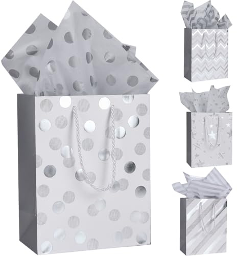 Mittelgroße Weihnachts-Geschenktüten aus Papier: 4 silberne Geschenktüten mit Seidenpapier und Anhängern für Geburtstage, Hochzeiten und Valentinstage – 23,1 x 18,1 x 10,2 cm