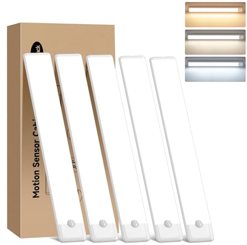 YLXS 11.8 inch Motion Sensor Under Cabinet Light, 3 Color Temperature Dimmable Rechargeable Magnetic Closet Light Wireless Under Counter Lighting 5-Pack