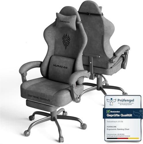 Huracan Silla de Gaming, ergonómica, Gaming Chair con reposapiés, reposacabezas y cojín Lumbar, Tela de Terciopelo Transpirable, Silla Gamer para largas sesiones de Juego y Trabajo (Gris Claro)
