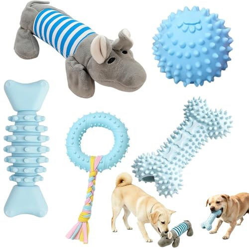YgonziRuvc Puppy Toys From 8 Weeks Small Dog, 5-Piece Blue Chew Toy Set for Teething Puppies, Interactive Dog Toys to Relieve Anxiety and Promote Dental Health