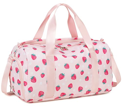 CAMTOP Kids Duffel Overnight Bag Boys Girls Toddler Weekender Carry-On Personalized Tote for Travel Gym Sport (Pink Strawberry)