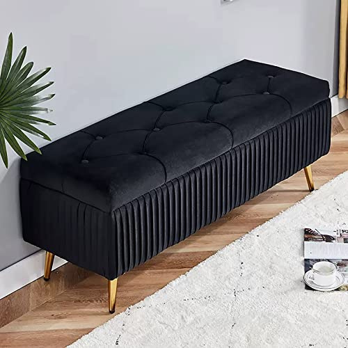 Modern sammet förvaringsottoman bänk med d ben knapp tuftat fotstöd elegant entré och vardagsrum sittplatser funktionell förvaringslösning svart färg perfekt för sovrum och på sängdekor