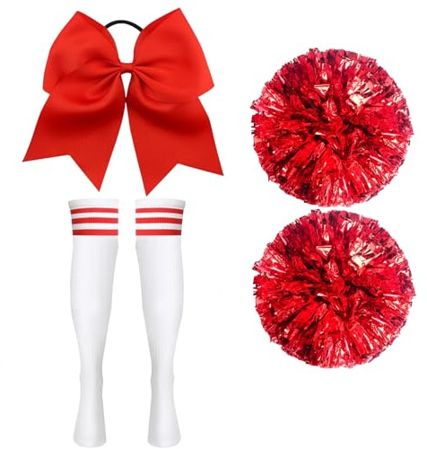 Cheerleader Pompons Set, cheerleader Pompons Rot, Sport Pompons Cheers Ball Pompoms, 2 Pompoms + Haarband + Kniestrümpfe, Metallfolie Puschel Tanzpuschel für Tanzparty Sport Wettbewerb Team Geist