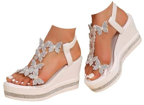 Sandales papillon à plateforme pour femme UK 2026, sandales compensées avec strass scintillants, bout ouvert, talon haut, sangle de cheville, confortables, décontractées, chaussures de mariage pour