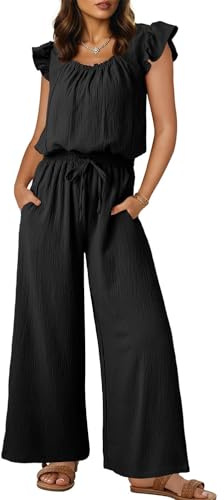 QUNERY Jumpsuit Donna Estiva Elegante Tuta con Scollo Quadrato Salopette Comoda Outfit Casual con Coulisse e Tasche