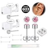 WillTen 2Pcs Ear Piercing Kit Titanium Implant Grade G23 Studs, Disposable Ear Piercing Gun Silver Titanium Pink CZ Studs for Professional or Self Home Use, Earlobe Pierce Kit Tool for Women Men