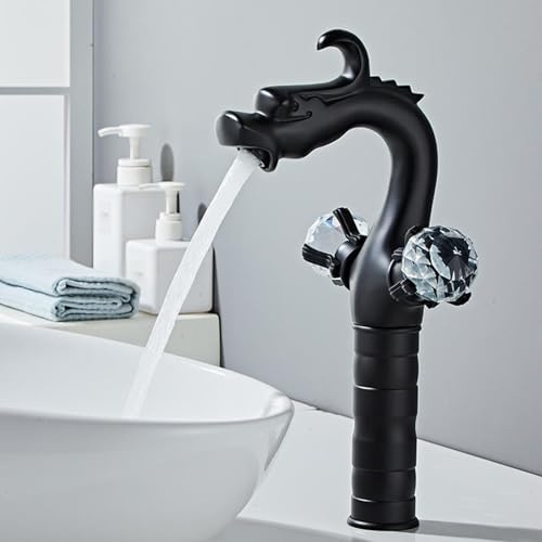 Rubinetto Lavabo Bagno Alto Vintage con 2 Manopole in Cristallo Miscelatore per Lavandino da Appoggio Rubinetteria da Bagno Retrò,nero
