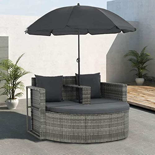 Festnight Polyrattan Gartensofa 2-Sitzer mit Sonnenschirm und Fusshocker |Gartenmoebel Sonneninsel Rattansofa | UV-bestaendige Sonnenschutz für Garten oder Terrasse Sonnenliege Gartenliege Grau