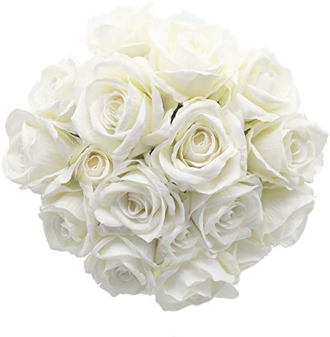 cn-Knight 20pcs Künstliche Rosen Blumenkopf,Großhandel 25cm Samt Seide Rose mit Drahtstiel,Echt Aussehende Fake Blume für Hochzeit,Brautstrauß,Heimdekoration,Blume Wand,Weiß