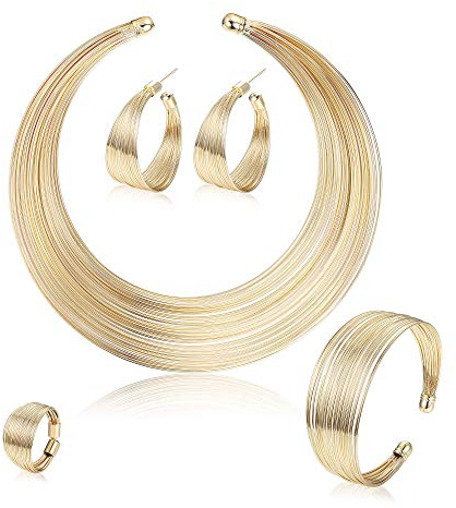 Adramata Bib Choker Statement Halsketten für Frauen Armreif Open Hoop Ohrstecker Ring African Chunky Modeschmuck Set