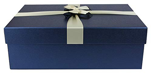 Emartbuy Starrer Luxus Rechteckige Präsentations-Geschenkbox, 34 cm x 23 cm x 8 cm,Blaue Box mit Deckel, Gedrucktes Interieur und Creme Blaues Satin-Dekoratives Band