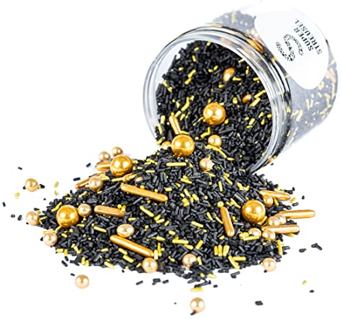 Super Streusel Goldrausch - Streusel Gold Schwarz, Zuckerperlen (90g) | Goldene Streudeko, essbarer Glitzer, Backdeko für Hochzeit, Silvester & elegante Mottopartys