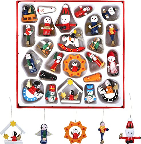 Naler 24pcs Mini Wooden Pendants, Christmas Tree Ornaments Figures for Decorations Hanging