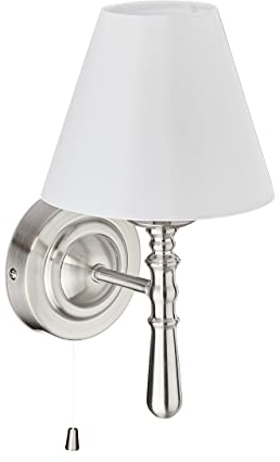 Relaxdays Wandlampe mit Schirm, innen, Zugschalter, Flur & Wohnzimmer, E14, Stoff, Metall, HBT 28x16x19 cm, silber/weiß